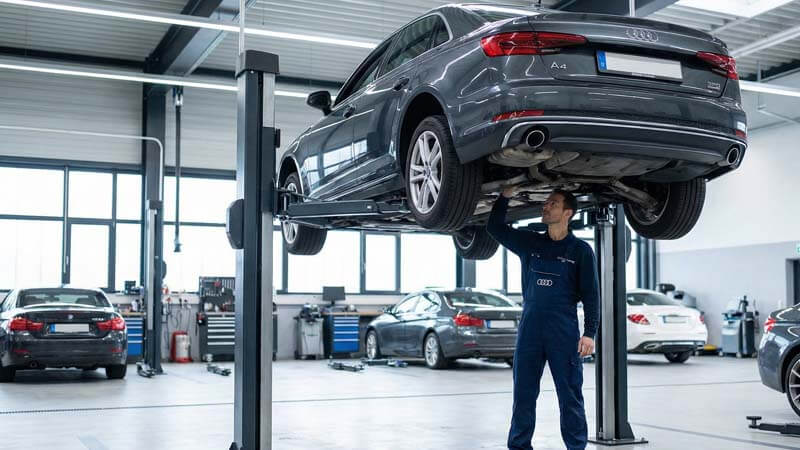 Автомеханик осматривает автомобиль Audi A4 на гидравлическом подъемнике