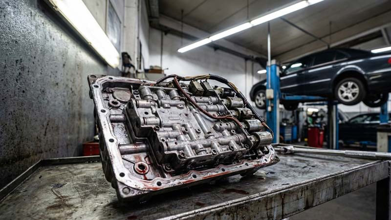 Блок мехатроника автоматической коробки передач на верстаке в автосервисе
