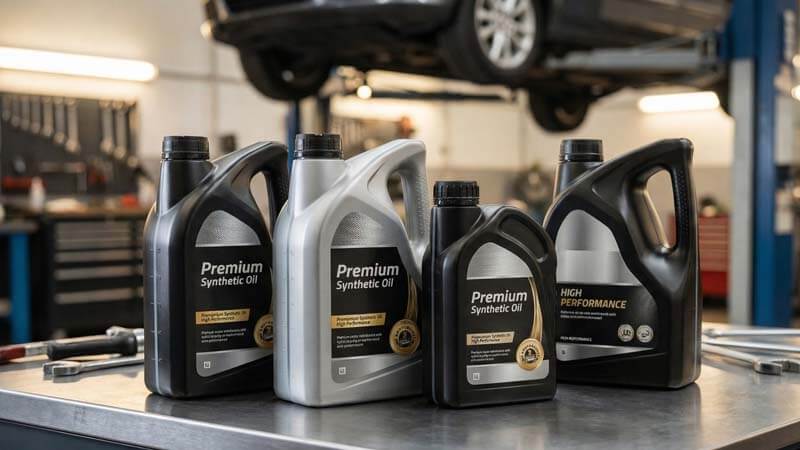 Канистры с премиальным синтетическим маслом на верстаке в мастерской