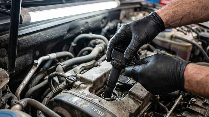 Механик снимает катушку зажигания с двигателя TFSI