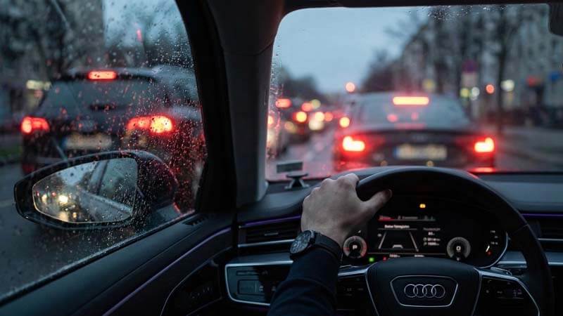 Водитель за рулем Ауди в городской пробке под дождем