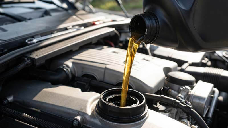 Заливка свежего золотистого моторного масла в горловину двигателя